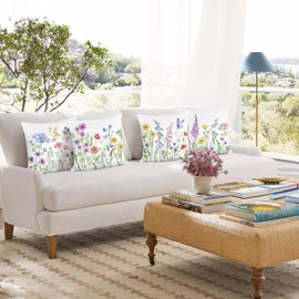 Bonhause Set of 4 Cushion Covers Spring Flowers 45 x 45 cm Garden Flower Birds Velvet Soft Decorative Cushion Covers for Sofa Home Garden Spring Decoration