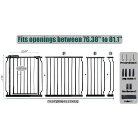 76.3-81 Inch Extra Wide Baby Gate, Pressure Mounted No Drill, Extra Wide Safety Gate for Large Entries, Black Metal with Extension Kit