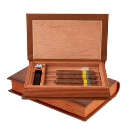 WANTHER Cigar Humidors,Book Portable Humidor Cigar Case for Travel and Men's Presents, Cedar Wood Brown Leather Cigar Accessories