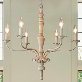 Fminlla 6 Light Farmhouse French Country Chandelier Light Fixture Modern Candle Style Chandelier Distressed White Wood Chandeliers for Dining Room, Kitchen Island, Living Room,Bedroom, E12