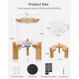 HBlife 8-10 Lbs Glass Rice Dispenser with Wooden Stand Flour and Cereal Container with Glass Measuring Cup Pantry Food Organization Storage Bin with Airtight Bamboo Lid, 5L (Lable)