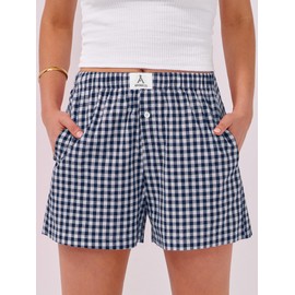 ANRABESS Boxer Shorts for Women Gingham Pajama 2025 Summer Casual Lounge Sleep Plaid Shorts Y2K Beach Bottoms Navy Blue White Plaid Large
