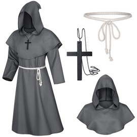TOKYO REVENGERS Medieval Renaissance Monk Friar Priest Wizard Cloak Hooded Robe Cosplay Belt Necklace Set(Gray XL)