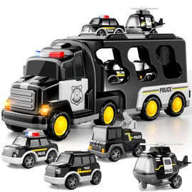 TEMI Police Truck Toy for Toddlers 3 4 5 6 Years Old Boys. 5-in-1 Friction Power Emergency Vehicle, Police Car Toy for Toddlers 1-3, Carrier Truck Toy for Children 3-5