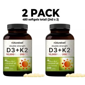 NatureBell Vitamin D3 K2, 2 PACK, 10,000 IU Vitamin D, 200 mcg Vitamin K MK-7, 240 Softgels