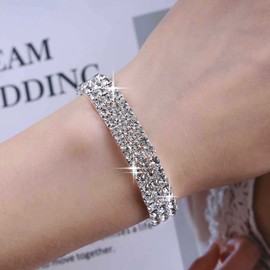 Xmsrn Vintage Layered Rhinestone Tennis Bracelet Elastic Crystal Chain Bracelet Gold Stretch CZ Bracelet Crystal Bridal CZ Hand Chain Bracelet Jewellery for Women and Girls, Zinc, No gemstone