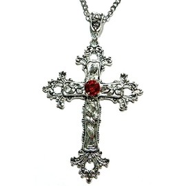 Large Gothic Cross Necklace silver-tone pendant on 24" steel chain with RED stone