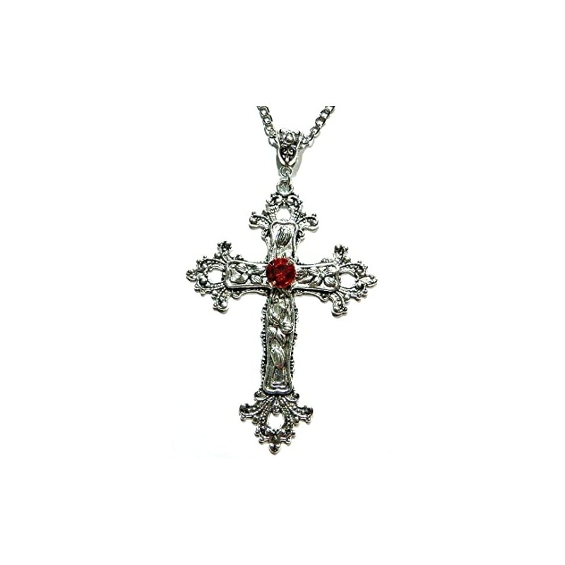 Large Gothic Cross Necklace silver-tone pendant on 24" steel chain