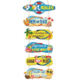 6 Pack Wooden Pool Rules Signs 4 x 11 Inch Summer Slippers Hanging Wooden Sign Outdoor Decorations for Swimming Pool Decor, Assemble by Yourself