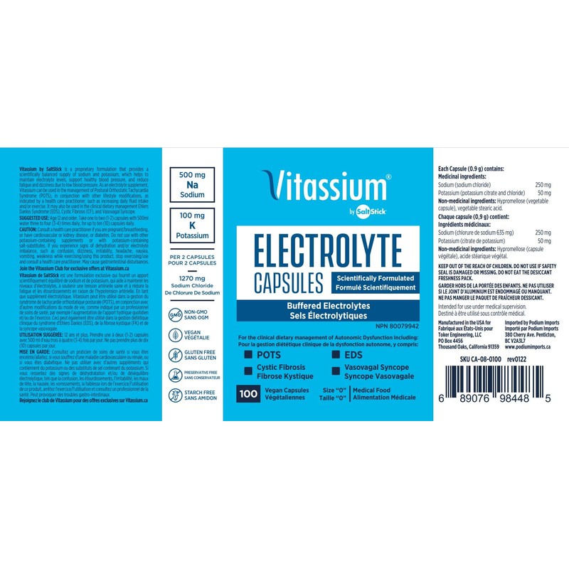 SaltStick Vitassium Buffered Electrolyte Salts Capsules Dietary Supplement 100 count