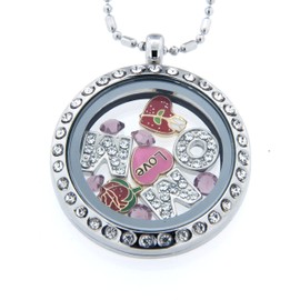 Medium Round Crystal Necklace Floating Charm Locket with Bamboo Chain with 12 Birth Month Crystals