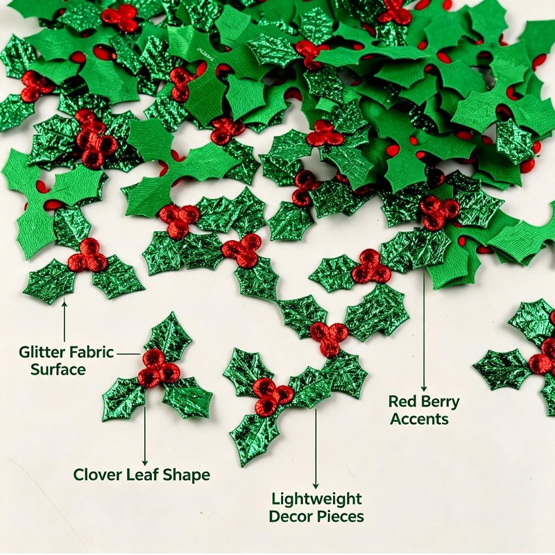 Christmas Holly Decorations, 3cm Green Holly Leaf, Red Berry