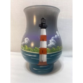 LIGHTHOUSE & BEACH HANDPAINTED GLASS HURRICANE CANDLE SHADE 8” TALL COASTAL DECO