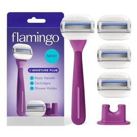 Flamingo Moisture Plus - Juego de maquinilla de afeitar para mujer, no necesita gel de afeitar, mango de afeitar, 4 recambios de cuchilla, soporte de 