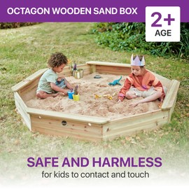 Plum Wooden Large Sandbox with Cover - Outdoor Octagon Sand Box for Kids, Toddler Sensory Toys, Outdoor Wooden Sand Pit with Seat Boards and Bottom Liner, Weatherproof, Easy Assembly, Ages 3+ Years