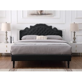 Queen Upholstered Platform Bed Frame with 47" Tall Adjustable Headboard - Button Tufted Linen Bed - Wood Slat Support with Storage Space - No Box Spring Needed - Black - Oliver & Smith - Elizabeth