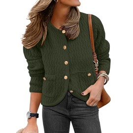 Caracilia Women's Cropped Cardigan Sweaters Open Front Button Down Knit Lady Jackets Outerwear with Pocktes 2024 Fall Clothes Army Green L