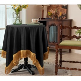F-CHU Luxury Black Tablecloth Thickset Velvet Tablecloth with Beautiful Gold Tassels Table Cloth for Home Decor Wedding, Party, Banquet and Events 60x120-Inch