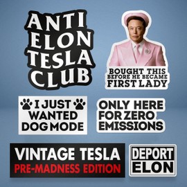 Funny Elon Sticker Pack – 6 Large Bumper Vinyl Decals: “Vintage Pre-Madness Edition”, “Dog Mode”, “Zero Emissions”, “No Elon Club” – Waterproof for Car, Laptop & More