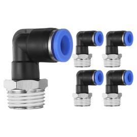 HARFINGTON 5pcs Push to Connect Fittings Male Elbow 3/8 Inch Tube OD x 1/2 Inch NPT Thread Plastic Quick Connect Air Hose Pneumatic Fitting Kit Push Lock Connector PL10-N04, Blue