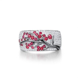 Santuzza 925 Sterling Silver Cherry Ring Created Ruby Cubic Zirconia Tree Branches Ring for Women (7)