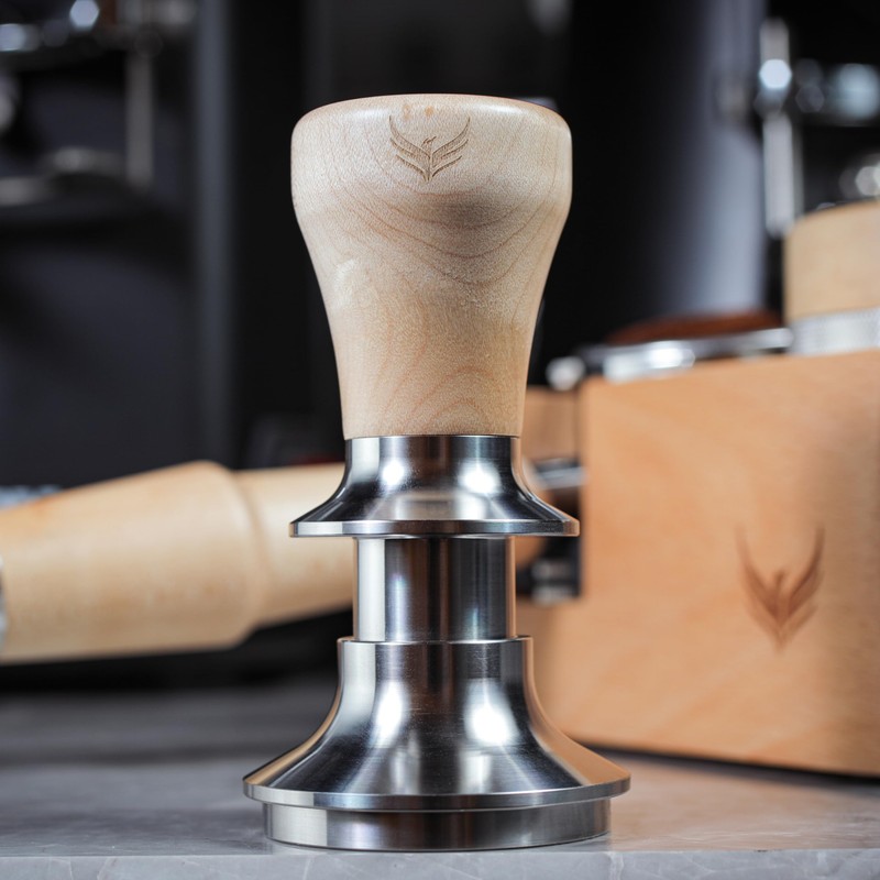 KNODOS 58.5mm Spring Loaded Espresso Tamper with Maple Handle –