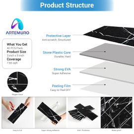 Artemuro 40PCS Peel and Stick Backsplash, 3" x 9" SPC Subway Tiles, Upgraded Structured Soft Glossy Black Marquina with White Grout Backsplash Stick on Tile for Kitchen, Bathroom, Fireplace, RV