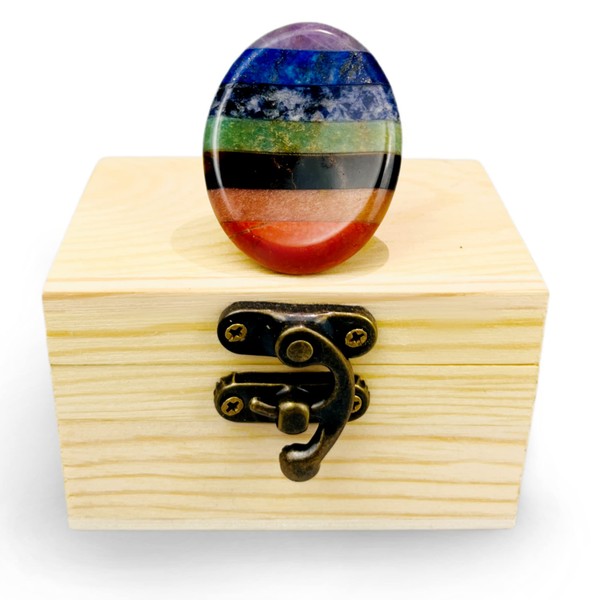 Multi-Color Healing Stone Crystal for Anxiety, 7 Crystals Stress Relief Stone Thumb Worry Stone Chakra Energizing and to Feel Calm in Moments of Stress (with Deluxe Engraved Wooden Box)