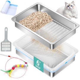 Amibud Stainless Steel Sifting Litter Box for Pine Pellets,Sifting Cat Litter Box for Wood Pellets,Extra Large Sifter Litter Pan System with Litte Liners and Scoop-20 ''Lx 13.8''W x 6''H