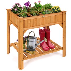 Giantex Raised Garden Bed, Elevated Planter Box Kit with 8 Grids & Liner for Herbs Vegetables Flowers, Outdoor Solid Fir Wood Planting Container with Legs & Storage Shelf for Backyard Patio (Natural)