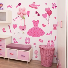 Pink Princess Dress Wall Stickers Cute Theme Wall Decals Peel and Stick DIY Removable Pink Room Wall Decor for Bedroom Living Room (A)
