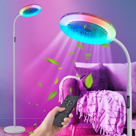 Floor Fan with RGB Lights and Remote, 3 Speeds Standing Floor Lamps with Button, White Vertical LED Fan, 3000K-6500K Stepless Dimming for Office Kid Room Bedroom, Adjustable Height