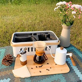 SOTECH Pour Over Coffee Maker Portable Set Includs 20oz White Gooseneck Kettle Manual Coffee Mill Grinder and Glass Coffee Dripper with Wooden Collar and Coffee Filter Paper(Metal Coffee Box Set)