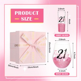 Singhoow 2pcs 21st Birthday Gift for Her Glitter Stemless Wine Glass Shot Glass Pink Finally 21 Year Old Birthday Decorations Party Favors for Women Daughter Sister Female Friends Coworker Girlfriend