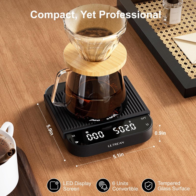 Ultrean 5.9" Coffee Scale, Rechargeable Coffee Scale with Timer, 3kg/0.1g