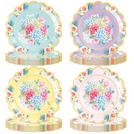 80PCS Floral Paper Plates 7 Inch Vintage Elegant Design Afternoon Tea Mothers Days Table Party Decorations for Wedding Bridal Shower Baby Shower Birthday Party Supplies