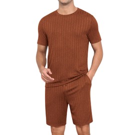 RQP Mens Lounge Set Ribbed Knit Pajamas Set 3 Piece Short Set Summer Soft Sleepwear,Caramel