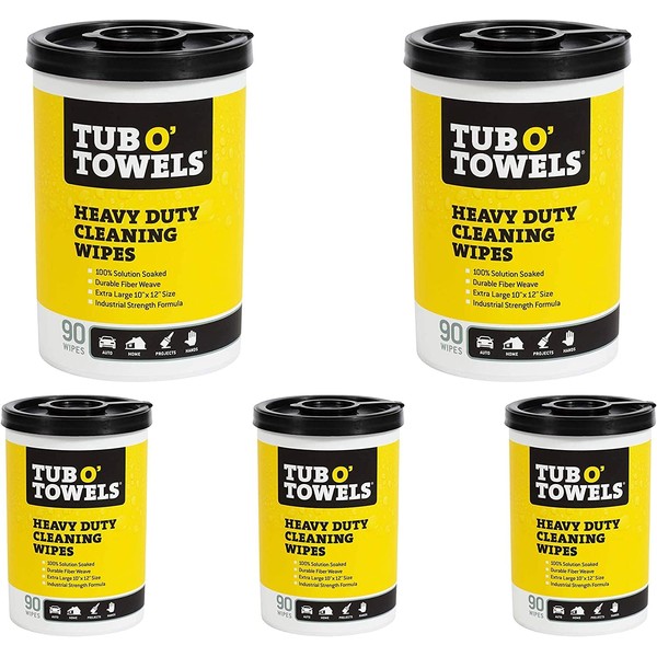Tub O Towels TW90 Heavy-Duty 10" x 12" Size Multi-Surface Cleaning Wipes, 90 Count Per Canister 5 Pack