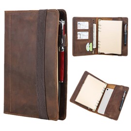 Contacts Full Grain Leather A5 Binder Portfolio 6 Ring Binder with 40 Sheets of A5 Paper Professional Notebook Folder Binder Organizer for 4 Cards A5 Size Document