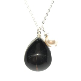 Popular Dark Dandelion Wish Pendant Necklace with Crystal Pearl Charm on Sterling Silver Chain by Aimee Tresor Jewelry