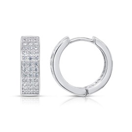 .925 Sterling Silver Cubic Zirconia Huggie Hoop Earrings (Triple Row CZ)