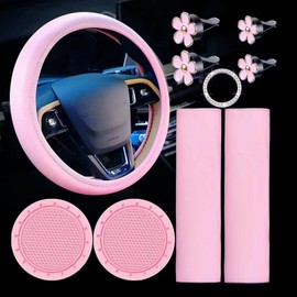 Amazleer Pink Steering Wheel Cover Set for Women, 10 Pcs Universal Car Accessories Kit with Seat Belt Shoulder Pads, Cup Holders, Floral Vent Clips, Start Button Sticker (Pink)