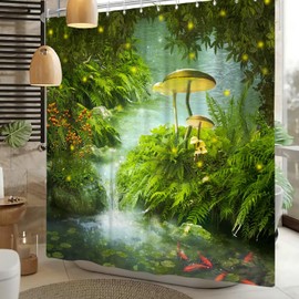 Xiaoterna Fairytale Fantastic Forest Shower Curtain Spring Fairy Tale Enchanted Forest Green Bath Curtain Grass Fish Fireflies Shower Curtain Machine Washable Waterproof Fabric 240 x 180 cm