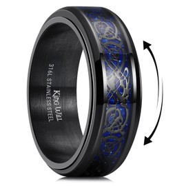King Will 316L Stainless Steel Spinner Fidget Ring for Mens- 8mm Fidget Stress Relieving Anxiety Ring with Black Celtic Dragon Blue Carbon Fiber Inlay, Comfor Fit Wedding Band Ring Size 9