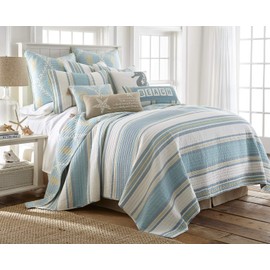 Levtex home - Kailua Quilt Set - Queen Quilt + Two Standard Pillow Shams - Stripe - Blue Teal Taupe Cream - Quilt (88x92in.) and Pillow Shams (26x20in.) - Reversible - Cotton Fabric