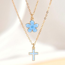 NLMSKI Layered Cross Flower Pendant Necklace For Women Dainty Minimalist Adjustable Delicate Chain Blue White Colors Gold Color Everyday Style (Blue)