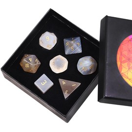Nupuyai 7pcs Grey Agate Crystal Polyhedral DND Dice Set for RPG MTG Table Games, Polished Tumbled Stones Dices with Box for Home Decor