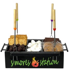 Wooden S'mores Station S'mores Caddy Smores Tray Smores Box Smores Gift Basket Smore Kit Gift Set Smores Board with 4Pcs Extendable Marshmallow Roasting Sticks with Handles and Telescopic Fork Holders