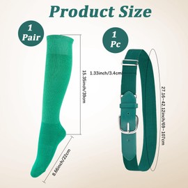 CALFOVERA Solid Color Baseball Belt and Socks Combo Set Elastic Elite Team Sport Knee High Socks Polyester PU Leather Adjustable Softball Waist Belt Waistband with Alloy Clasp for Youth Adult(Green)