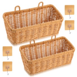 2 Pcs Woven Hanging Wall Baskets for Storage Boho Style Hanging Storage Plastic Woven Baskets with 4 Hooks for Kitchen Garden Living Room(Light Brown, Imitation Rattan Plastic)